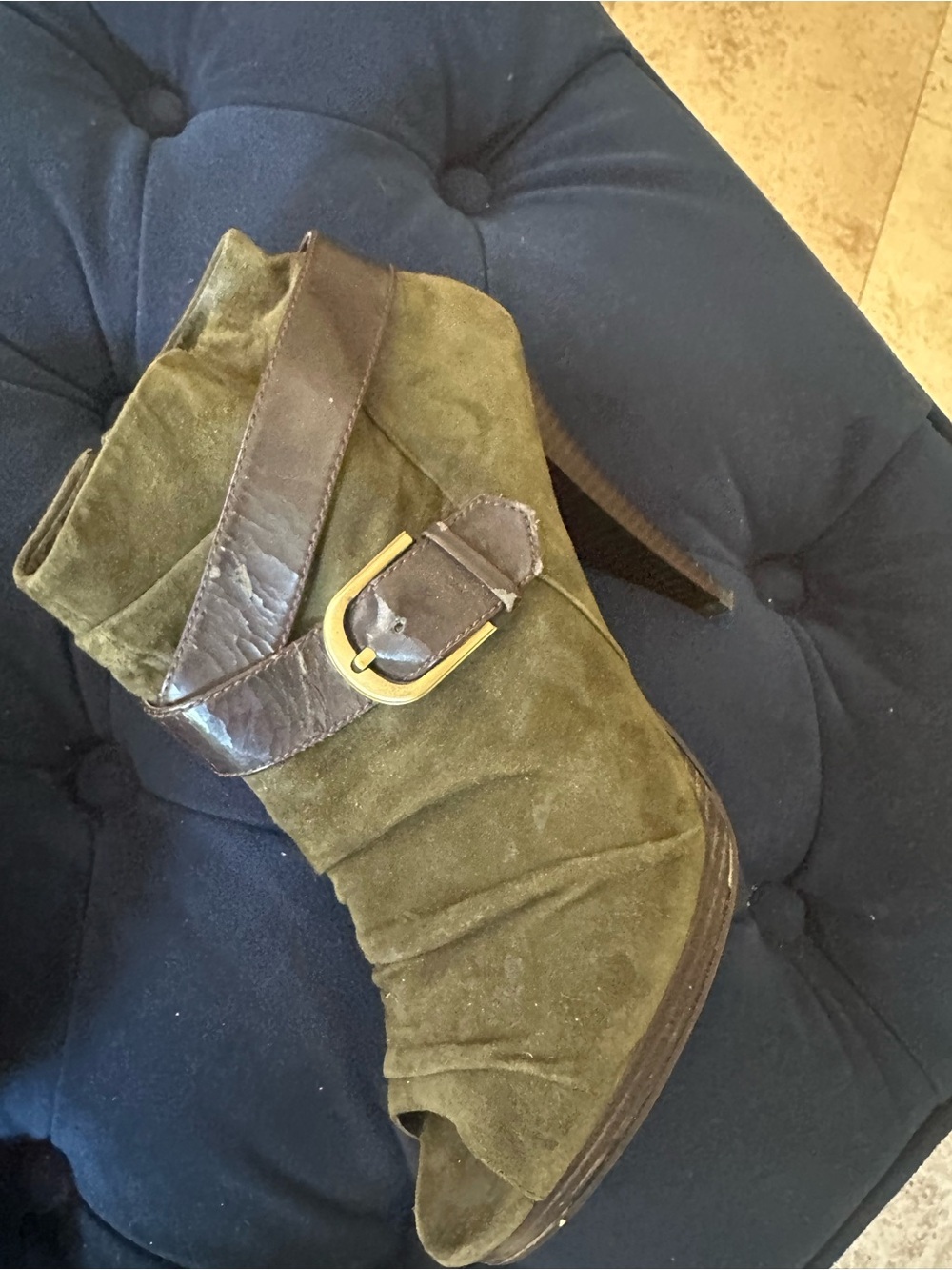 INC International Peep boots Olive Green Suede Ankle Boots with Buckle Detail